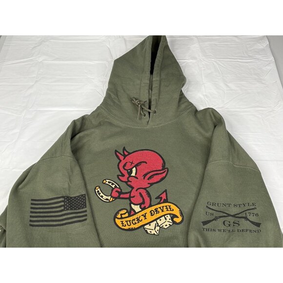 Grunt Style Men’s XXL Green Lucky Devil Hoodie Sweatshirt USMC Military Tattoo - Picture 4 of 15